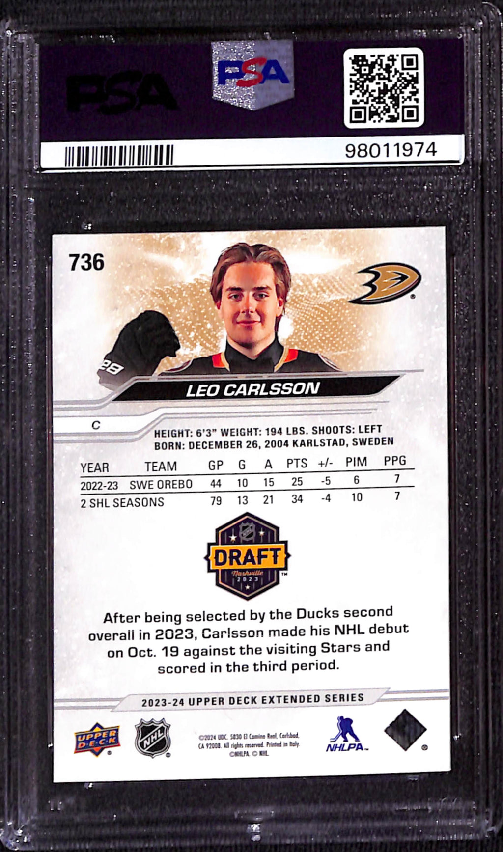 2023 Upper Deck Extended Series - Leo Carlsson Outburst #736 - PSA 9