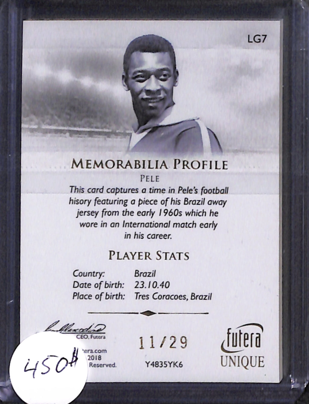 2018 Futera - Pelé Legends Memorabilia Profile /29 (LG7)