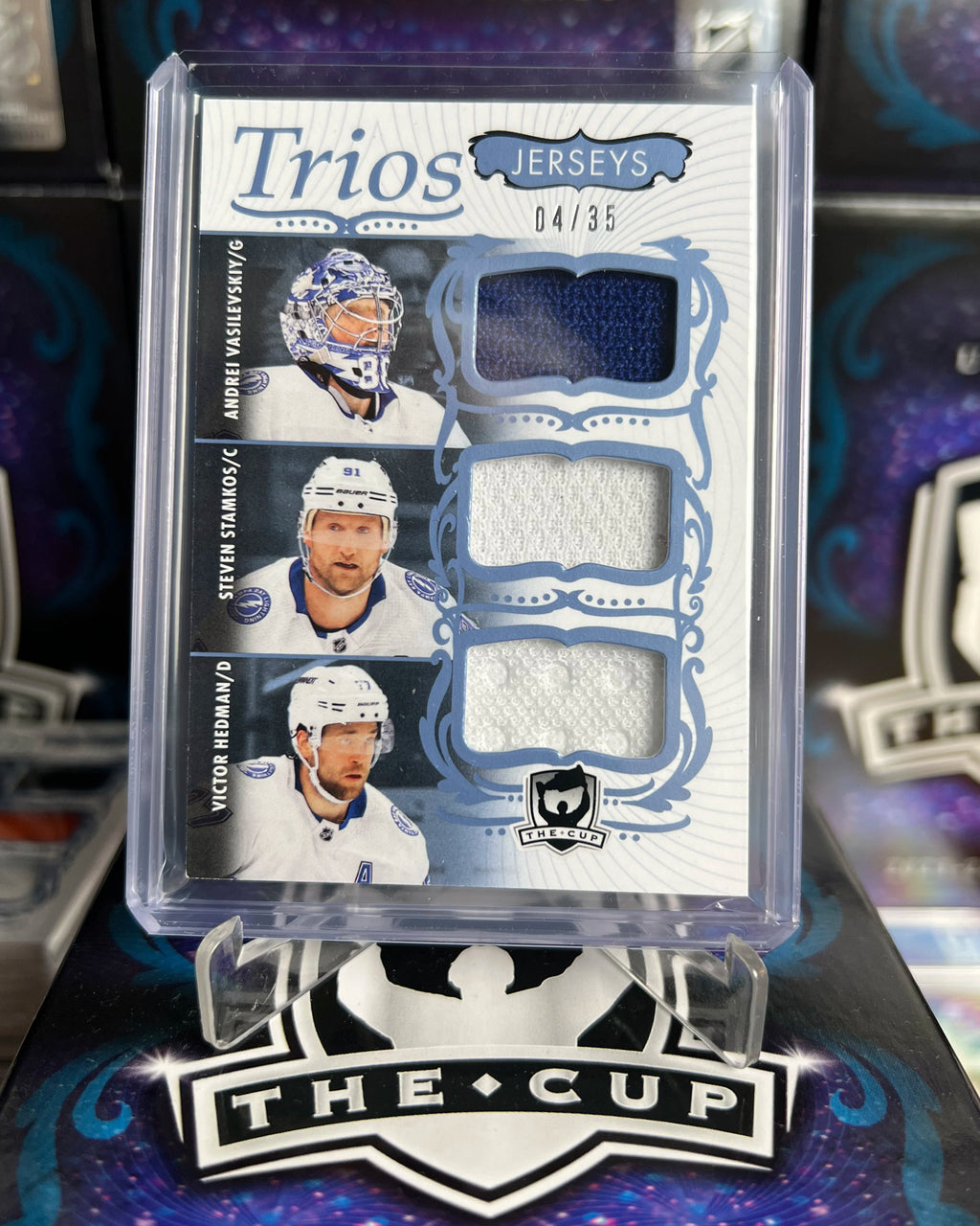 2023-24 The Cup - Vasilevskiy/Stamkos/Hedman Cup Trios Jersey /35 (C3-SHV)