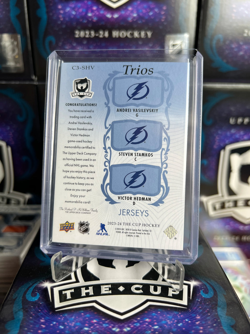 2023-24 The Cup - Vasilevskiy/Stamkos/Hedman Cup Trios Jersey /35 (C3-SHV)