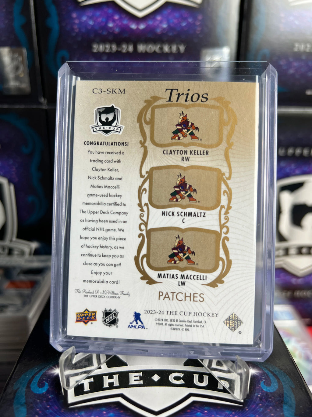 2023-24 The Cup - Keller/Schmaltz/Maccelli Cup Trios Gold Patch /10 (C3-SKM)