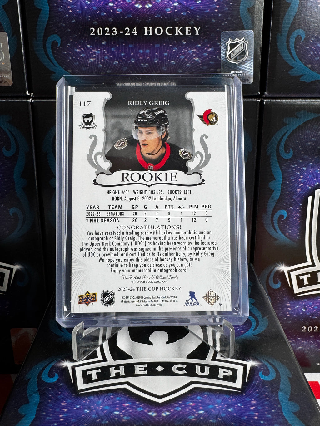 2023-24 The Cup - Ridly Greig Gold Rookie Auto Patch /24 (117)