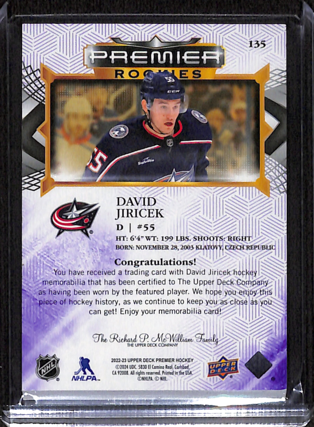 2022-23 Premier - David Jiricek Rookie Patch Neckline /3 (135)